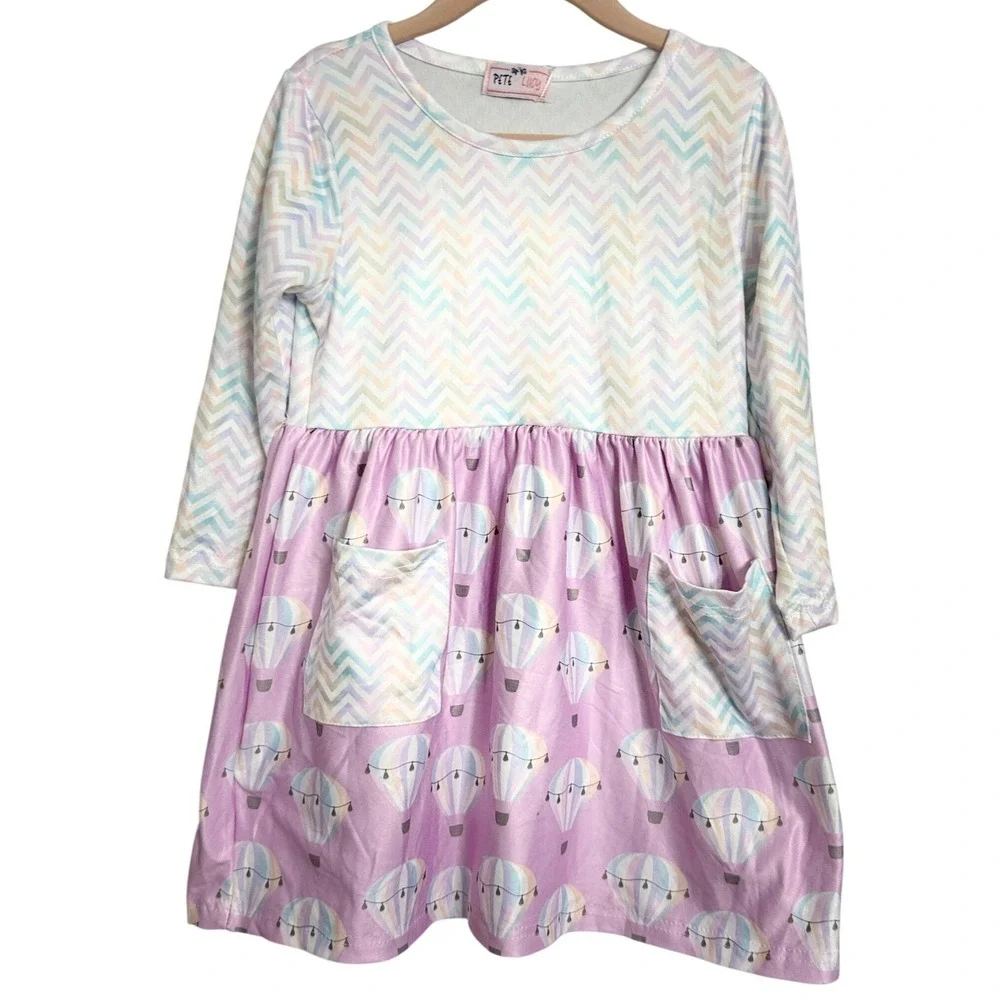 Pete and Lucy Girls Dress‎ Hot Air Balloon Chevron Pastel Long Sleeve Pockets